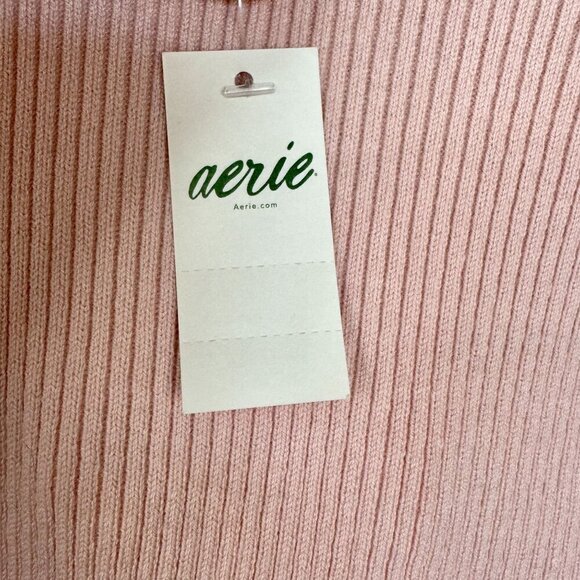 Aerie AE Pink Ribbed Knit Rosette V Neck Long Sleeve Ruche Tie Crop Sweater - Picture 12 of 17